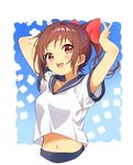  arms_behind_head arms_up bangs blue_sailor_collar blush bow brown_eyes brown_hair collarbone cropped_torso hair_bow hands_on_own_head long_hair looking_at_viewer midriff navel open_mouth original outside_border ponytail red_bow ribbon sailor_collar sakuro school_uniform serafuku shirt short_sleeves sidelocks smile solo standing swept_bangs upper_body white_serafuku white_shirt 