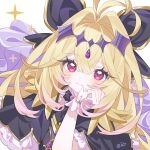  1girl antenna_hair artist_name black_bow black_bowtie black_capelet black_dress blonde_hair bow bowtie brooch capelet commentary cure_arcana_shadow dress dutch_angle frilled_capelet frilled_cuffs frills gradient_hair hair_bow hair_intakes hand_on_own_face heart heart_brooch highres jewelry long_hair looking_at_viewer magical_girl meitantei_precure! moria_luluka multicolored_hair precure purple_eyes purple_veil roro_(lolo) solo sparkle untranslatable_commentary veil white_background 