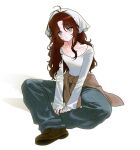  1girl antenna_hair bandaid bandaid_on_finger bandaid_on_hand between_legs blush breasts brown_cardigan brown_hair brown_shoes cardigan cardigan_around_waist clothes_around_waist collarbone denim dot_nose expressionless eyelashes full_body grey_eyes hair_over_shoulder hair_scarf hand_between_legs highres indian_style jeans long_hair long_sleeves looking_at_viewer mole mole_under_eye original pants shadow shirt shoes simple_background sitting sleeves_past_wrists small_breasts so_seo solo wavy_hair white_background white_shirt 