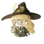  1girl ascot black-framed_eyewear black_ascot black_gloves black_hat black_robe blonde_hair brown_eyes center_frills chibi chinese_commentary commentary_request cropped_legs enchanted_writing_(infinity_nikki) fengmi_youzi_hua frills glasses gloves hand_up happy hat hat_feather highres infinity_nikki light_blush long_hair long_sleeves looking_to_the_side nikki_(series) no_mouth official_alternate_color puffy_long_sleeves puffy_sleeves robe shirt simple_background solid_oval_eyes solo stole very_long_hair wavy_hair white_background white_shirt wide_brim witch_hat wizard 