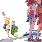  2girls 4girls akechi_anna arm_up arms_behind_back bag beret blazer blonde_hair blue_skirt boots brown_shoes buttons car carrying casual cellphone closed_mouth clothes_around_waist commentary double-breasted double_bun dress_shirt glasses green_haori green_kimono grey_hair gyaru hair_bun haori hat heel_up high_collar holding holding_phone jacket japanese_clothes kimono kobayashi_mikuru kogane_(staygold) loafers long_hair long_sleeves looking_at_another looking_back low_twintails medium_hair meitantei_precure! miniskirt motor_vehicle multiple_girls neck_ribbon no_eyes own_hands_together phone pink_hair pink_shirt pleated_skirt precure purple_boots purple_hair purple_hat purple_ribbon red_jacket red_skirt ribbon road school_bag school_uniform scrunchie shirt shoes short_hair single_hair_bun skirt sky sleeves_rolled_up smile socks standing thighhighs twintails white_shirt white_sky white_socks white_thighhighs wrist_scrunchie 