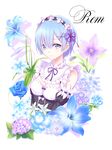  bellflower black_ribbon blue_eyes blue_flower blue_hair blue_rose breasts character_name choker cleavage detached_sleeves floral_background flower hair_between_eyes hair_flower hair_ornament hair_ribbon head_wreath hydrangea lily_(flower) looking_at_viewer maid medium_breasts neck_ribbon pansy purple_flower purple_ribbon re:zero_kara_hajimeru_isekai_seikatsu rem_(re:zero) ribbon ribbon-trimmed_sleeves ribbon_trim rose short_hair simple_background smile solo upper_body white_background white_flower yuki_(sangeki5806) 