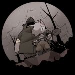 anthro arm_wraps bag black_background boots bottomwear brother_(lore) brother_and_sister_(lore) brown_bottomwear brown_clothing brown_pants chest_wraps clothing dirt domestic_cat duo eyelashes felid feline felis female footwear gata_preobrazhenskaya gata_the_future_russian_kitty grey_clothing grey_shirt grey_tank_top grey_topwear hair hair_over_eye hi_res holding_object ivan_preobrazhensky jacket looking_at_viewer maddeku male mammal mask pants plant raining russian_blue shirt shoes shovel sibling_(lore) simple_background sister_(lore) tank_top tools topwear trash_bag tree whiskers wraps