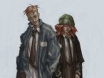  >:) 1boy 1girl aged_up beanie belt black_coat black_necktie blue_coat brown_hair coat collared_shirt cuno cunoesse_vittulainen disco_elysium freckles grin hands_in_pockets hat head_tilt highres looking_at_viewer narrowed_eyes necktie red_hair shirt shirt_tucked_in short_hair smile smirk thatuglymeme v-shaped_eyebrows white_shirt 