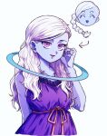  1girl ^_^ alternate_costume alternate_hairstyle arm_behind_back blue_halo blue_skin braid braided_ponytail casual closed_eyes colored_skin commentary cus dragon_ball dragon_ball_super dress fingernails hair_undone halo hand_in_own_hair hand_up long_hair looking_at_viewer mortmotodb nail_polish parted_lips purple_dress purple_eyes purple_nails single_braid sleeveless sleeveless_dress smile solo untranslatable_commentary upper_body white_hair 