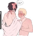  2boys art_program_in_frame back bandaged_arm bandages black_hair blonde_hair blush closed_mouth clothes_down commentary cropped_torso english_commentary english_text facial_mark head_bow looking_at_another male_focus multiple_boys multiple_scars naruto_(series) navel neck_ribbon pink_ribbon ribbon scar scar_on_arm scar_on_back short_hair simple_background speech_bubble themidnights0ng uchiha_sasuke uzumaki_naruto whisker_markings white_background yaoi 