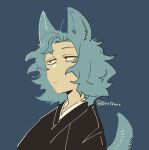  1boy bags_under_eyes blue_background blue_hair brown_eyes closed_mouth commentary_request fate/grand_order fate_(series) highres japanese_clothes kemonomimi_mode kokujin_youhei looking_ahead male_focus messy_hair saitou_hajime_(fate) saitou_hajime_(third_ascension)_(fate) short_hair simple_background solo twitter_username upper_body 