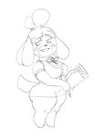  animal_crossing anthro black_and_white blush_sticker breasts canine dog english_text eyelashes female grin isabelle_(animal_crossing) josieokami mammal monochrome nintendo paper short_stack smile solo text video_games wide_hips 