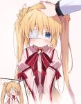  >_< 1boy 1girl blonde_hair blue_eyes blush bow bowtie closed_mouth commentary_request dress eyepatch flying_sweatdrops hand_on_another's_head hands_on_own_cheeks hands_on_own_face headpat highres kazamatsuri_institute_high_school_uniform long_hair long_sleeves looking_at_viewer medical_eyepatch multiple_views nakatsu_shizuru one_eye_covered pink_dress red_bow red_bowtie rewrite school_uniform simple_background solo_focus takepoison twintails twintails_with_hair_base upper_body white_background 