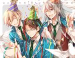  bird blazer blonde_hair blue_hair braid closed_eyes confetti dove ensemble_stars! glasses green_hair happy_birthday hasumi_keito hibiki_wataru jacket long_hair male_focus multiple_boys necktie open_mouth school_uniform short_hair sidelocks smile tenshouin_eichi vest yumenosaki_school_uniform 