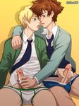  2boys blush cum digimon erection male_focus multiple_boys necktie penis penis_grab school_uniform sitting student suiton sweat undressing yaoi 