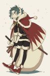  1boy bags_under_eyes black_gloves black_jacket black_shirt black_shorts cape capelet commentary_request earmuffs fate/grand_order fate_(series) full_body fur-trimmed_capelet fur-trimmed_jacket fur_trim gloves grin highres jacket kokujin_youhei male_focus red_cape red_shoes saitou_hajime_(fate) santa_costume shirt shoes short_hair shorts smile solo sweatdrop sword weapon white_background 