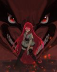  fangs glowing glowing_eyes hair_ornament hairclip kunai kurama_(naruto) long_hair looking_at_viewer monster naruto naruto_(series) naruto_shippuuden red_eyes red_hair rotka slit_pupils solo_focus thighhighs uzumaki_kushina very_long_hair weapon whisker_markings 