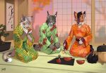 2024 anthro asian_clothing bonsai calligraphy clothing container cup digital_media_(artwork) dipstick_tail domestic_cat ear_tuft east_asian_clothing eyes_closed felid feline felis female fur group hi_res inner_ear_fluff inside japanese japanese_clothing kimono kneeling lynx mammal markings paws plant pouring_liquid pouring_tea shamerli signature tail tail_markings tail_tuft tea_ceremony tea_cup tree trio tuft whiskers