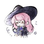  1girl argyle_clothes argyle_hat ascot badge bespectacled black-framed_eyewear black_hat black_robe brown_eyes chinese_commentary collared_shirt commentary_request cropped_legs enchanted_writing_(infinity_nikki) fengmi_youzi_hua frilled_shirt_collar frills glasses grey_shirt hand_in_own_hair happy hat high_collar highres infinity_nikki layered_sleeves long_hair long_sleeves looking_ahead nikki_(nikki) nikki_(series) notice_lines open_mouth pink_hair puffy_long_sleeves puffy_sleeves purple_ascot purple_hat robe round_eyewear shirt simple_background smile solid_oval_eyes solo star_(symbol) stole teeth two-sided_fabric two-sided_headwear upper_teeth_only very_long_hair white_background witch_hat wizard 