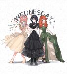  3girls absurdres aqua_eyes black_boots black_collar black_dress black_eyes black_hair black_shoes boots bow braid character_name character_request chinese_commentary collar commentary_request detached_collar disembodied_hand dress footwear_bow frilled_dress frills full_body green_dress green_eyes hand_on_another's_head high-low_dress high_heels highres hui_mianbao_ji lace-up_boots long_dress medium_hair multicolored_hair multiple_girls orange_hair pink_hair platform_sandals pumps sandals shoes short_sleeves standing streamers the_addams_family twin_braids updo wavy_hair wednesday_(netflix) wednesday_addams yellow_dress yellow_shoes 