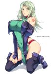  1girl bare_shoulders boots breasts character_name collar collarbone covered_navel cropped_jacket detached_sleeves eyebrows_visible_through_hair eyes_visible_through_hair full_body green_eyes green_hair hand_under_clothes harukon_(halcon) highres hips impossible_clothes jacket juliet_sleeves kneeling lamia_loveless large_breasts lips long_hair long_sleeves parted_lips puffy_sleeves shiny shiny_hair simple_background solo super_robot_wars super_robot_wars_original_generation tattoo thigh_boots thighhighs white_background 
