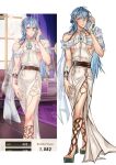  ahoge belt blue_eyes blue_gem blue_hair braid brown_belt brown_bracelet choker closed_mouth clothing_cutout collarbone contrapposto derivative_work dress edmond_(nu_carnival) fake_pointy_ears full_body gem gladiator_sandals greco-roman_clothes hair_between_eyes halterneck hand_in_own_hair hand_on_own_thigh highres hip_vent jewelry kissawnshelly long_hair looking_at_viewer necklace nu_carnival o-ring o-ring_choker official_alternate_costume pearl_(gemstone) pectorals reference_inset sandals screenshot_redraw see-through_clothes see-through_shawl shawl side_braid side_slit sidepec silver_choker silver_necklace single_braid sleeveless sleeveless_dress standing thighlet very_long_hair white_dress 