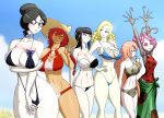  6+girls bangs bare_arms bare_shoulders bikini black_hair blonde_hair blush braid breasts cleavage collarbone cz2128_delta double_v embarrassed entoma_vasilissa_zeta eyes_closed glasses hair_bun hat insect_girl large_breasts looking_at_another lupusregina_beta marauder6272 medium_breasts monster_girl multiple_girls narberal_gamma navel one-piece_swimsuit outdoors overlord_(maruyama) pink_hair ponytail red_hair sky slingshot_swimsuit solution_epsilon swimsuit twin_braids unusual_pupils v yuri_alpha 