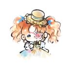  1girl art_of_tailoring_(infinity_nikki) blue_bow bow bowtie brooch chibi chinese_commentary commentary_request cropped_legs dress eyepatch fengmi_youzi_hua flower flower_brooch hair_bow happy hat highres infinity_nikki jewelry light_blush lolita_fashion medium_hair multicolored_dress navel nikki_(series) open_mouth orange_flower orange_hair patchwork_clothes puffy_short_sleeves puffy_sleeves scrunchie short_sleeves short_twintails simple_background smile solo top_hat twintails white_background white_scrunchie wrist_scrunchie yellow_bow yellow_bowtie yellow_hat 