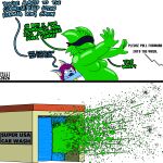 absurd_res anthro blindfold blue_body building car_wash comic daletfours dialogue disintegration dragon droplets eeveelution english_text female generation_1_pokemon goo_creature goo_dragon green_body hair hi_res honeydew_(daletfours) humor male moobs mythological_creature mythological_scalie mythology nintendo open_mouth overweight overweight_anthro overweight_male pokemon pokemon_(species) prank profanity purple_eyes purple_hair scalie shalaal_(daletfours) simple_background slime smile splatter text vaporeon