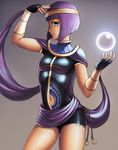  breasts brown_background circlet crystal_ball dark_skin finalcake fingerless_gloves gloves gradient gradient_background green_eyes lipstick looking_at_viewer makeup menat navel parted_lips purple_hair short_hair small_breasts smile solo sphere standing street_fighter street_fighter_v thighs 
