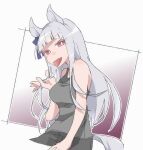  1girl alternate_costume animal_ears bare_arms bare_shoulders beer_hsk black_pants blue_bow bow breasts brown_eyes colored_eyelashes commentary_request ear_bow gold_ship_(umamusume) gradient_background grey_hair grey_tank_top horse_ears horse_girl horse_tail large_breasts long_hair outline pants purple_background solo tail tank_top umamusume v-shaped_eyebrows very_long_hair white_background white_outline 