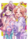  ahoge akechi_anna closed_eyes commentary_request doroshii double_bun from_side frown gear_print green_eyes hair_bun hair_intakes hair_ribbon hands_on_another's_shoulders highres japanese_clothes kimono kobayashi_mikuru long_hair long_sleeves looking_at_another low_twintails medium_hair meitantei_precure! obi open_mouth parted_bangs partial_commentary pink_hair pink_kimono precure print_kimono purple_hair purple_kimono purple_ribbon red_ribbon ribbon sash smile sweatdrop twintails twitter_username two-sided_fabric wide_sleeves yukata 