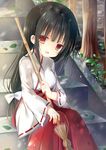  :d bad_id bad_pixiv_id bamboo_broom bangs black_hair blunt_bangs blush bow broom commentary day eyebrows_visible_through_hair eyes_visible_through_hair hair_bow hakama head_tilt holding holding_broom japanese_clothes leaf long_hair long_sleeves looking_at_viewer low-tied_long_hair miko moss open_mouth original outdoors red_hakama red_ribbon ribbon ribbon-trimmed_sleeves ribbon_trim shiiba_nae sitting sitting_on_stairs smile solo stairs stone_stairs sunlight tareme tree very_long_hair white_bow wide_sleeves 