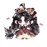  1girl =_= absurdly_long_hair argyle_bow black_hair bow bowtie brown_eyes chibi chinese_commentary commentary_request crimson_rhapsody_(infinity_nikki) dress esseling_(infinity_nikki) felispirit_sack_(infinity_nikki) fengmi_youzi_hua frilled_dress frilled_sleeves frills gown hair_bow hand_on_own_chin highres hime_lolita holding_hands infinity_nikki large_bow lolita_fashion long_dress long_hair looking_ahead nikki_(series) open_mouth puffy_short_sleeves puffy_sleeves red_bow red_bowtie red_dress red_shoes red_wrist_cuffs shoes short_sleeves simple_background two-tone_bow very_long_hair wavy_hair white_background wrist_cuffs yellow_bow 