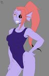 clothing dezz eye_patch eyewear fangs fish hair humanoid long_hair looking_at_viewer marine pointy_ears ponytail red_hair smile solo standing swimsuit undertale undyne video_games 