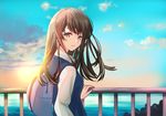  backpack bad_id bad_pixiv_id bag blue_sky blue_vest brown_eyes brown_hair cloud day eyelashes hand_on_railing long_hair long_sleeves looking_at_viewer looking_back ocean original outdoors parted_lips railing sheepd shirt sky solo sunset upper_body vest white_shirt 