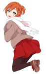 :d black_legwear bow brown_coat brown_footwear coat commentary dot_nose full_body green_eyes hair_ornament hairclip hoshizora_rin looking_at_viewer looking_back love_live! love_live!_school_idol_project one_side_up open_mouth orange_hair pantyhose red_skirt scarf sekina shoe_bow shoes short_hair simple_background skirt smile solo white_background white_scarf winter_clothes winter_coat 