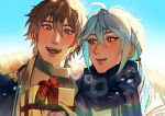 2boys :d ahoge alternate_costume backlighting blue_coat blue_eyes blue_hair blue_scarf blue_sky blush box breath brown_eyes brown_hair christmas_present coat day edmond_(nu_carnival) eiden_(nu_carnival) fur-trimmed_coat fur_trim gift gift_box grey_scarf hair_between_eyes hair_over_shoulder happy highres holding holding_gift implied_yaoi kissawnshelly long_hair looking_at_another looking_at_object low_ponytail male_focus multiple_boys nu_carnival outdoors ponytail scarf short_hair single_hair_intake sky smile snowing teeth twitter_username upper_teeth_only 