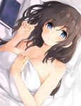  bangs black_hair blanket blue_eyes blush book breasts closed_mouth commentary_request dutch_angle eyebrows_visible_through_hair hair_between_eyes hand_up idolmaster idolmaster_cinderella_girls index_finger_raised large_breasts long_hair looking_at_viewer lying on_bed on_side sagisawa_fumika smile solo tareme tetsujin_momoko upper_body 