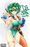  ahoge animal anniversary artist_name belt between_breasts blue_eyes blue_gloves bracelet breasts cai-man commentary_request curly_hair dragon_quest dragon_quest_iv gloves green_hair green_leotard heart heroine_(dq4) highres holding holding_animal jewelry large_breasts leotard lips looking_at_another messy_hair scabbard sheath single_glove single_thighhigh slime_(dragon_quest) sword thighhighs thighs torc weapon weapon_on_back 