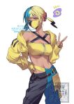  1girl bare_shoulders black_hair blonde_hair blue_eyes blue_hair breasts canari_(pokemon) commentary highres kitsune_(ly_howe) large_breasts mega_stone midriff multicolored_hair pokemon pokemon_legends:_z-a short_twintails solo split-color_clothes split-color_hair twintails untranslatable_commentary v watermark 
