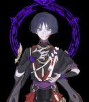  013siroon 1boy armor black_background black_bodysuit black_kimono black_sleeves blood blood_on_face blood_on_hands blunt_ends bodysuit choppy_bangs furisode genshin_impact gold gold_trim grey_hair hair_intakes halo halo_behind_head hand_on_own_chest hands_up hashtag-only_commentary highres japanese_armor japanese_clothes jewelry juban kimono kote kurokote layered_sleeves looking_at_viewer male_focus mandarin_collar neck_ring o-ring open_clothes open_hands open_kimono open_mouth portrait purple_eyes purple_halo purple_rope purple_sash purple_sleeves red_kimono rope sash scaramouche_(genshin_impact) shimenawa short_sleeves single_sode smile solo straight-on tassel tsurime white_kimono white_mouth white_rope 