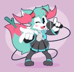 2026 4_fingers alternate_species anthro black_body black_fur blue_body blue_fur blush bottomwear braixen clothed clothing crossdressing crossdressing_male cute_fangs digital_media_(artwork) dipstick_tail efextex electronics fan_character fangs fingers fur generation_6_pokemon hatsune_miku hi_res holding_microphone holding_object inner_ear_fluff legwear looking_at_viewer male markings microphone necktie nintendo one_eye_closed open_mouth open_smile pokemon pokemon_(species) roflfox shirt simple_background skirt smile solo standing stick tail tail_markings teeth thigh_highs topwear tuft vocaloid white_body white_fur wink winking_at_viewer