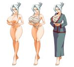  1girl armpits barefoot blue_eyes breasts chest_sarashi cleavage closed_mouth commission from_side full_body fundoshi grey_hair groin highres japanese_clothes jinbei_(clothes) large_breasts lips looking_at_viewer medium_hair multiple_views nekiaya0 nipples original own_hands_together pussy sarashi simple_background tiptoes toes white_background 