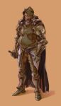  1boy absurdres armor belly brown_hair cape disco_elysium facial_hair facing_viewer full_body harry_du_bois helmet highres holding holding_sword holding_weapon knight looking_to_the_side male_focus mutton_chops nervous solo standing sword thatuglymeme visor_(armor) weapon 