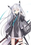  1girl absurdres animal_ears azur_lane black_capelet black_gloves blue_eyes capelet commentary_request crossed_bangs fox_ears fox_girl fox_tail fur_collar gloves hair_between_eyes highres holding holding_sword holding_weapon katana kawakaze_(azur_lane) kawakaze_(monochromatic_interlude)_(azur_lane) long_hair long_sleeves looking_at_viewer official_alternate_costume one_eye_closed rigging ship_turret simple_background skirt solo sword tail thigh_strap very_long_hair weapon white_background white_hair yukishiro_haku 