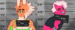 2023 2_horns anthro bangs barbie_and_ken_mugshot_meme bedroom_eyes big_breasts black_clothing black_shirt black_t-shirt black_topwear blue_insides blue_sclera bra bracelet breasts buckteeth claws clothing colored digital_drawing_(artwork) digital_media_(artwork) dulce_(mr.pink) duo ear_piercing eye_through_hair eyebrows fangs female flamboyant frown fur fur_hair green_bra green_clothing green_eyes green_nose green_underwear hair hair_over_eye holding_object holding_sign horn humanoid humanoid_pointy_ears imp jewelry lagomorph leporid looking_at_viewer makeup male mammal mascara meme mr.pink mugshot multicolored_body multicolored_fur narrowed_eyes open_mouth orange_body orange_fur piercing pink_body pink_skin pointy_ears pose pwink_(mr.pink) rabbit seductive shadow shirt side_shave sign t-shirt teeth tongue topwear translucent translucent_hair two_tone_body two_tone_fur underwear white_body white_fur white_hair white_sclera worried yellow_eyes