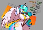 anthro breasts cutie_mark equid equine female friendship_is_magic fur hair hasbro hi_res horn horse mammal multicolored_hair my_little_pony mythological_creature mythological_equine mythology pony princess_celestia_(mlp) purple_eyes simple_background solo sonic_gaming456 text thick_thighs white_body white_fur white_wings winged_unicorn wings