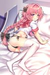  absurdres ass astolfo_(fate) bed black_panties black_ribbon blush braid clenched_teeth embarrassed fate/apocrypha fate/grand_order fate_(series) google_(asdek18) hair_ribbon highres long_hair looking_at_viewer looking_back male_focus no_pants on_bed otoko_no_ko panties pillow pink_hair purple_eyes ribbon school_uniform serafuku side-tie_panties single_braid solo teeth underwear wavy_mouth white_legwear 