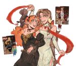  2girls absurdly_long_hair black_dress blue_eyes braid braided_sidelocks breasts brown_hair choker cleavage commentary cosplay couple dancing dress dungeon_meshi earrings english_commentary eydilily eye_contact falin_touden falin_touden_(cosplay) geminitay glasses hermitcraft highres holding_hands jewelry long_hair looking_at_another marcille_donato marcille_donato_(cosplay) medium_breasts minecraft minecraft_youtube multiple_girls one_eye_closed orange_hair pearlescentmoon pearlescentmoon_(postmaster) pointy_ears reference_inset ribbon_choker round_eyewear signature simple_background small_breasts smile stole strapless strapless_dress very_long_hair white_background white_dress yuri 