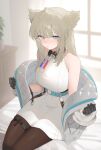  1girl animal_ears arknights arknights:_endfield bird_ears bird_girl black_gloves black_pantyhose blue_eyes blush breasts commentary dress gloves grey_dress grey_hair grey_jacket highres jacket long_hair looking_at_viewer medium_breasts off_shoulder on_bed open_mouth pantyhose perlica_(arknights) sidelocks sitting sleeveless sleeveless_dress solo sorotu untranslatable_commentary 