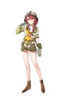  aviator_cap brown_footwear cherry_bond drill_hair formation_girls full_body gloves goggles goggles_on_headwear highres kazune_(baumkuchen) looking_at_viewer necktie official_art red_hair shoes solo standing torn_clothes transparent_background vest wedge_heels yellow_eyes yellow_vest 