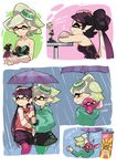  2girls amiibo aori_(splatoon) black_dress black_hair black_jumpsuit brown_eyes closed_eyes closed_mouth commentary cousins detached_collar domino_mask dress earrings eighth_note food food_on_head french_fries gloves green_legwear green_shirt grey_hair hands_in_pockets holding holding_umbrella hood hood_basket hood_down hoodie hotaru_(splatoon) jacket jewelry letterman_jacket light_smile long_hair long_sleeves looking_at_another looking_back mask minigirl mole mole_under_eye multiple_girls multiple_views musical_note object_on_head one_eye_closed pantyhose pointy_ears rain red_jacket shared_umbrella shirt short_hair short_jumpsuit sitting smile splatoon_(series) squid standing strapless strapless_dress sushi table tentacle_hair umbrella white_gloves wong_ying_chee 