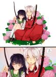  1boy 1girl animal_ears barefoot bead_necklace beads black_hair black_shoes bow_(weapon) cakeicake closed_mouth commentary_request crossed_arms dog_boy dog_ears fang fingernails flower flying_sweatdrops green_sailor_collar hair_between_eyes hakama hand_up highres higurashi_kagome inuyasha inuyasha_(character) japanese_clothes jewelry katana kneehighs knees_up leaf leaning_on_person light_blush loafers long_hair long_sleeves looking_at_another multiple_views neckerchief necklace open_mouth orange_flower pink_flower red_hakama red_neckerchief sailor_collar school_uniform serafuku sharp_fingernails shirt shoes sitting smile socks speech_bubble sword weapon white_hair white_nails white_shirt white_socks yellow_eyes 